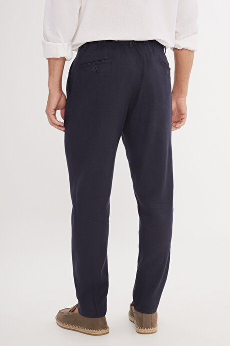 Keten Slim Fit Dar Kesim Beli Lastikli Yan Cepli Esnek Lacivert Pantolon resmi