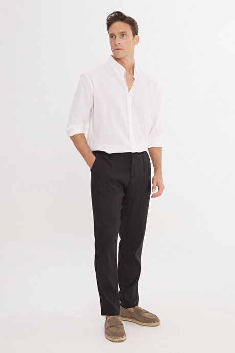 Keten Slim Fit Dar Kesim Beli Lastikli Yan Cepli Esnek Siyah Pantolon resmi