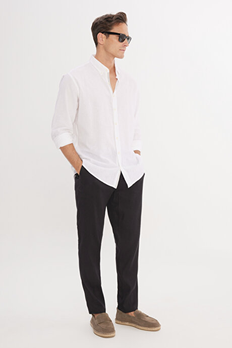 Keten Slim Fit Dar Kesim Beli Lastikli Yan Cepli Esnek Siyah Pantolon resmi