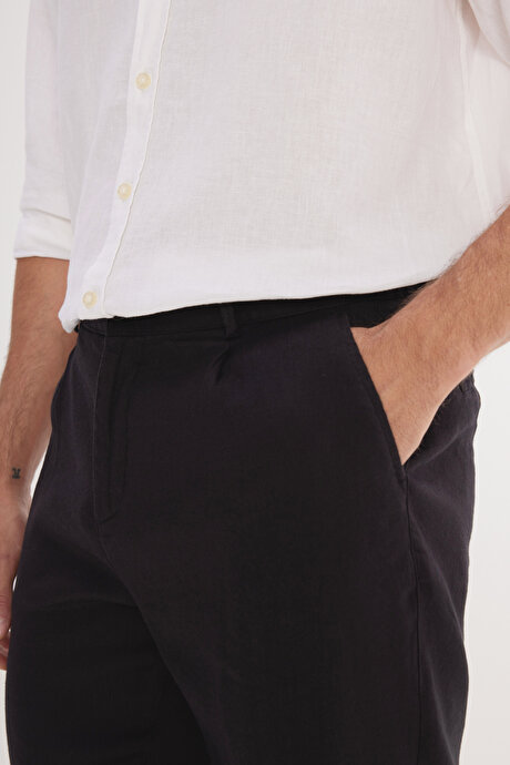 Keten Slim Fit Dar Kesim Beli Lastikli Yan Cepli Esnek Siyah Pantolon resmi