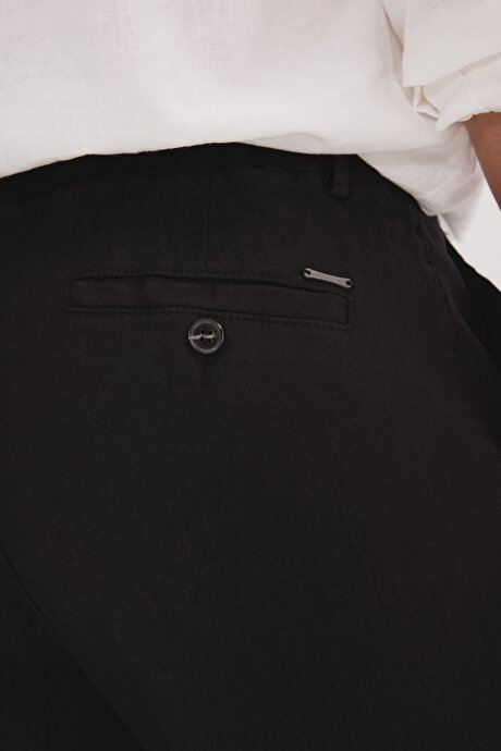 Keten Slim Fit Dar Kesim Beli Lastikli Yan Cepli Esnek Siyah Pantolon resmi
