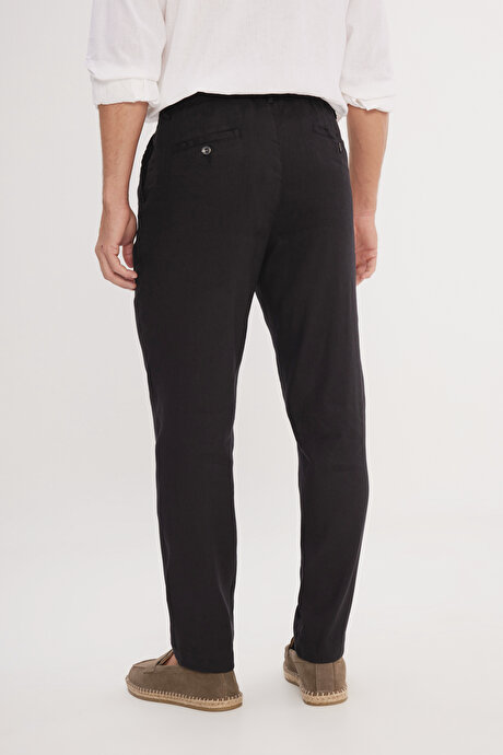 Keten Slim Fit Dar Kesim Beli Lastikli Yan Cepli Esnek Siyah Pantolon resmi