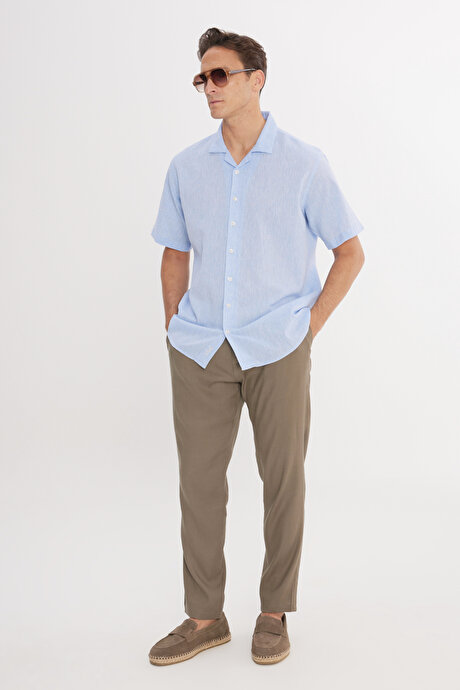 Keten Slim Fit Dar Kesim Beli Lastikli Yan Cepli Esnek Vizon Pantolon resmi