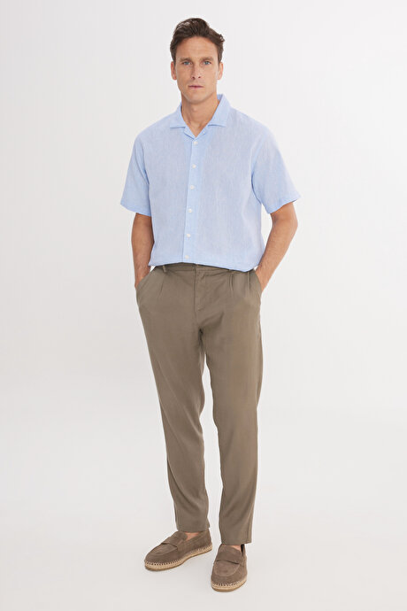 Keten Slim Fit Dar Kesim Beli Lastikli Yan Cepli Esnek Vizon Pantolon resmi