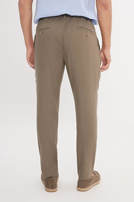 Keten Slim Fit Dar Kesim Beli Lastikli Yan Cepli Esnek Vizon Pantolon resmi