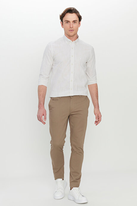 Pamuklu Slim Fit Dar Kesim Armürlü Yan Cepli Esnek Casual Bej Pantolon resmi