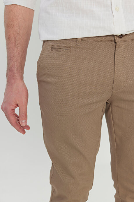 Pamuklu Slim Fit Dar Kesim Armürlü Yan Cepli Esnek Casual Bej Pantolon resmi