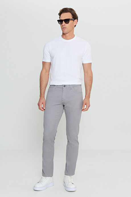 Pamuklu Slim Fit Dar Kesim 5 Cepli Armürlü Esnek Gri Pantolon resmi
