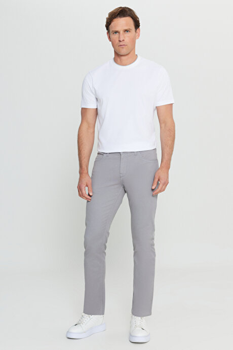 Pamuklu Slim Fit Dar Kesim 5 Cepli Armürlü Esnek Gri Pantolon resmi