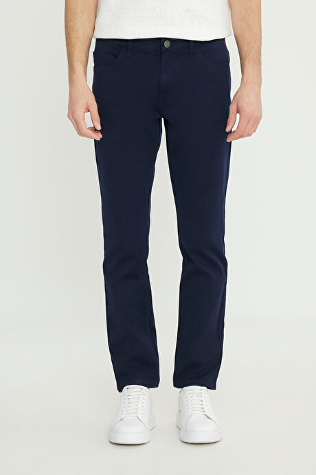 Pamuklu Slim Fit Dar Kesim 5 Cepli Armürlü Esnek Lacivert Pantolon resmi