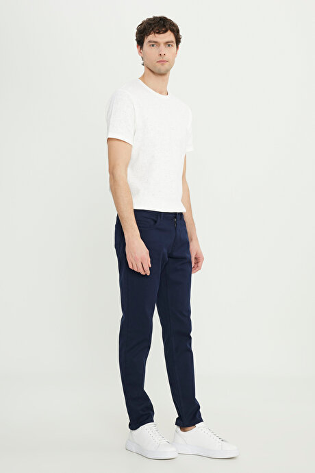 Pamuklu Slim Fit Dar Kesim 5 Cepli Armürlü Esnek Lacivert Pantolon resmi