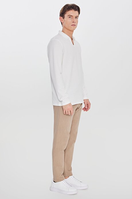 Keten Slim Fit Dar Kesim Beli Bağlamalı Yan Cepli Casual Bej Pantolon resmi