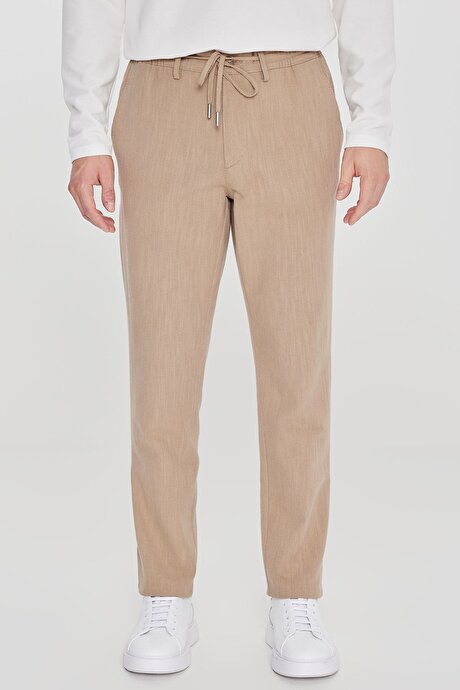 Keten Slim Fit Dar Kesim Beli Bağlamalı Yan Cepli Casual Bej Pantolon resmi
