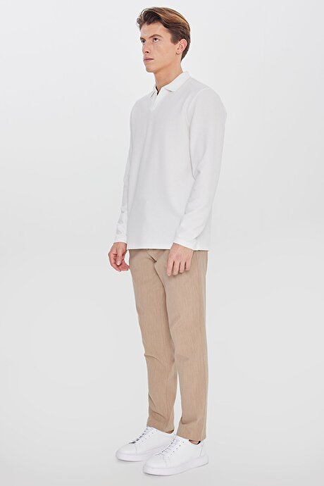 Keten Slim Fit Dar Kesim Beli Bağlamalı Yan Cepli Casual Bej Pantolon resmi