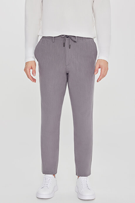 Keten Slim Fit Dar Kesim Beli Bağlamalı Yan Cepli Casual Füme Pantolon resmi