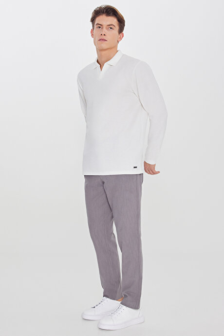 Keten Slim Fit Dar Kesim Beli Bağlamalı Yan Cepli Casual Füme Pantolon resmi