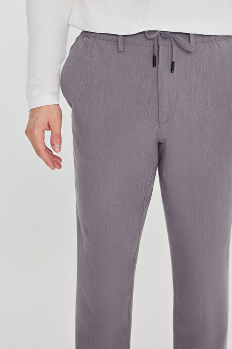 Keten Slim Fit Dar Kesim Beli Bağlamalı Yan Cepli Casual Füme Pantolon resmi