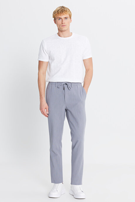 Keten Slim Fit Dar Kesim Beli Bağlamalı Yan Cepli Casual Gri Pantolon resmi