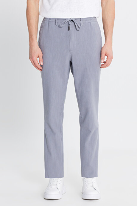 Keten Slim Fit Dar Kesim Beli Bağlamalı Yan Cepli Casual Gri Pantolon resmi