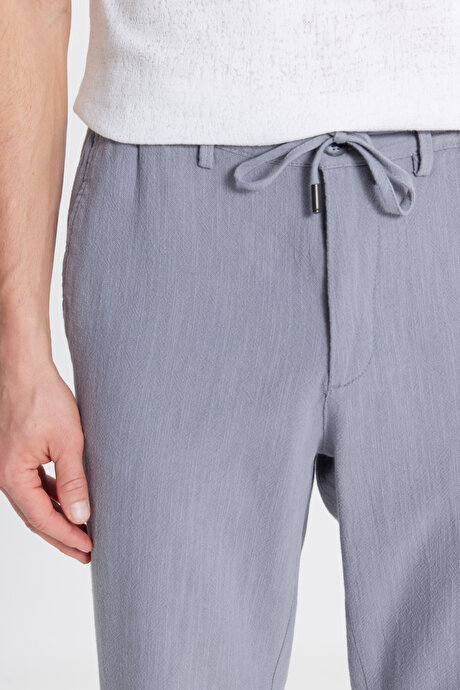 Keten Slim Fit Dar Kesim Beli Bağlamalı Yan Cepli Casual Gri Pantolon resmi