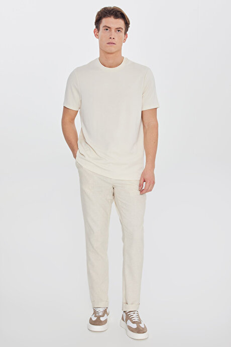 Pamuklu Slim Fit Dar Kesim Beli Bağlamalı Yan Cepli Esnek Bej Pantolon resmi