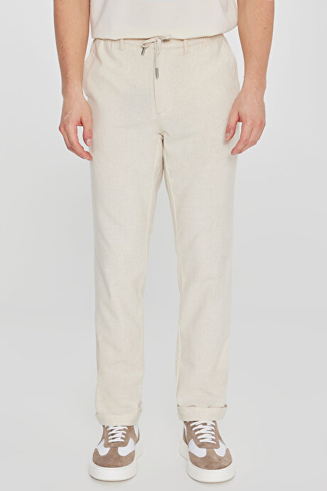 Pamuklu Slim Fit Dar Kesim Beli Bağlamalı Yan Cepli Esnek Bej Pantolon resmi