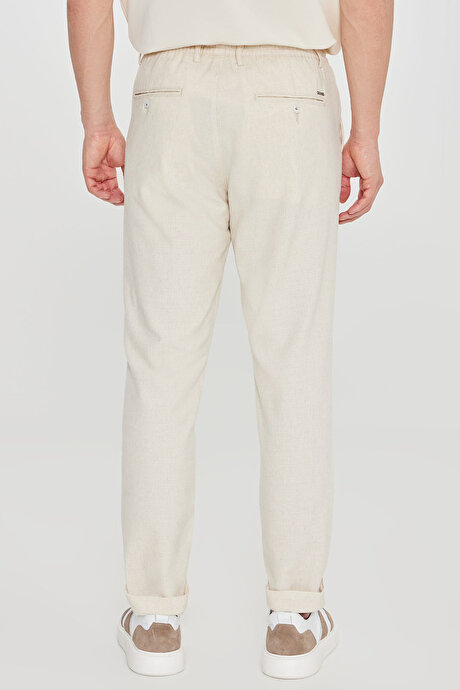 Pamuklu Slim Fit Dar Kesim Beli Bağlamalı Yan Cepli Esnek Bej Pantolon resmi