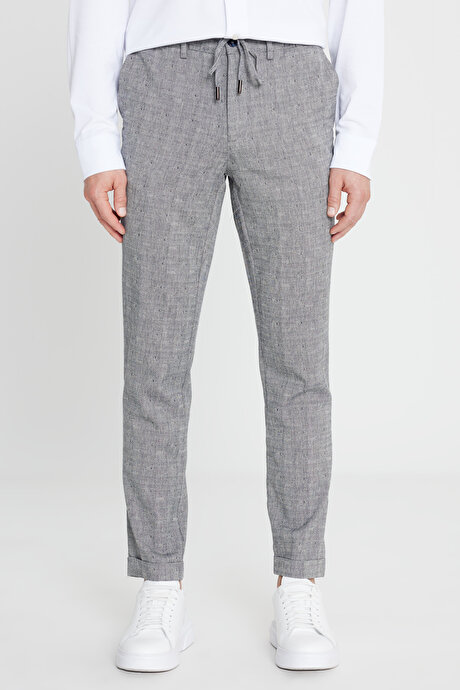 Pamuklu Slim Fit Dar Kesim Beli Bağlamalı Yan Cepli Esnek Lacivert Pantolon resmi