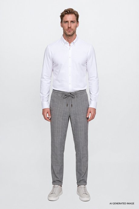 Pamuklu Slim Fit Beli Bağlamalı Yan Cepli Esnek Lacivert Pantolon resmi