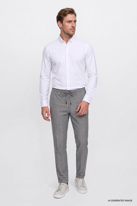 Pamuklu Slim Fit Beli Bağlamalı Yan Cepli Esnek Lacivert Pantolon resmi