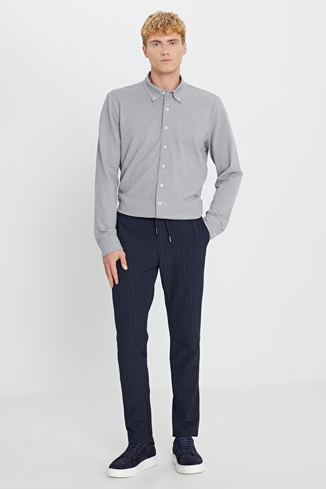 Yumuşak Dokulu Slim Fit Beli Bağlamalı Yan Cepli Gofre Desenli Lacivert Pantolon resmi