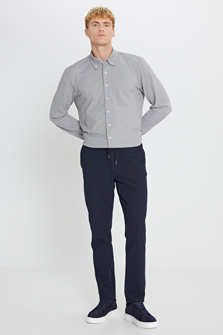 Yumuşak Dokulu Slim Fit Beli Bağlamalı Yan Cepli Gofre Desenli Lacivert Pantolon resmi