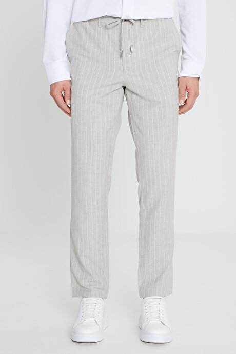 Keten Slim Fit Dar Kesim Beli Bağlamalı Çizgili Casual Gri Pantolon resmi