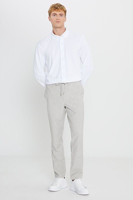 Keten Slim Fit Dar Kesim Beli Bağlamalı Çizgili Casual Gri Pantolon resmi