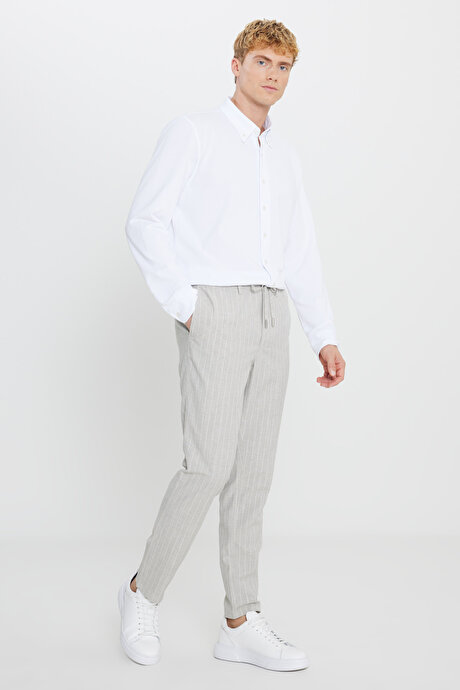 Keten Slim Fit Dar Kesim Beli Bağlamalı Çizgili Casual Gri Pantolon resmi