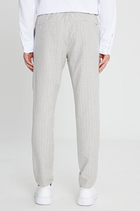 Keten Slim Fit Dar Kesim Beli Bağlamalı Çizgili Casual Gri Pantolon resmi