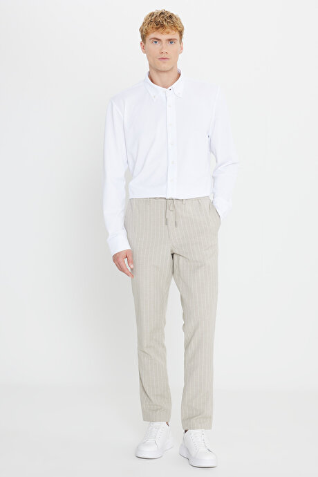 Keten Slim Fit Dar Kesim Beli Bağlamalı Çizgili Casual Vizon Pantolon resmi