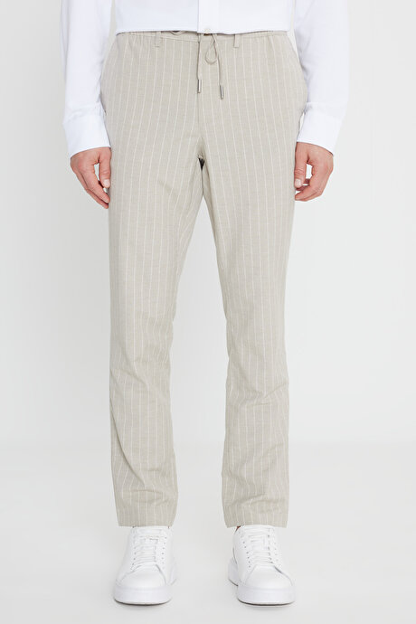 Keten Slim Fit Dar Kesim Beli Bağlamalı Çizgili Casual Vizon Pantolon resmi