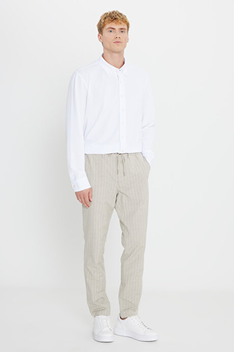 Keten Slim Fit Dar Kesim Beli Bağlamalı Çizgili Casual Vizon Pantolon resmi