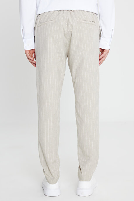 Keten Slim Fit Dar Kesim Beli Bağlamalı Çizgili Casual Vizon Pantolon resmi