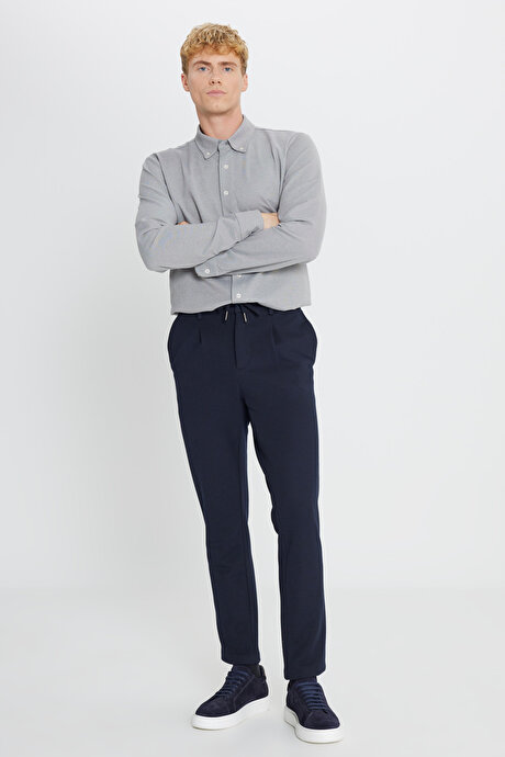 360 Her Yöne Esneyen Slim Fit Dar Kesim Beli Bağlamalı Armürlü Casual Lacivert Pantolon resmi