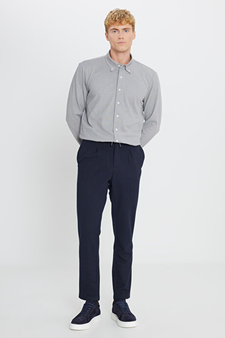 360 Her Yöne Esneyen Slim Fit Dar Kesim Beli Bağlamalı Armürlü Casual Lacivert Pantolon resmi