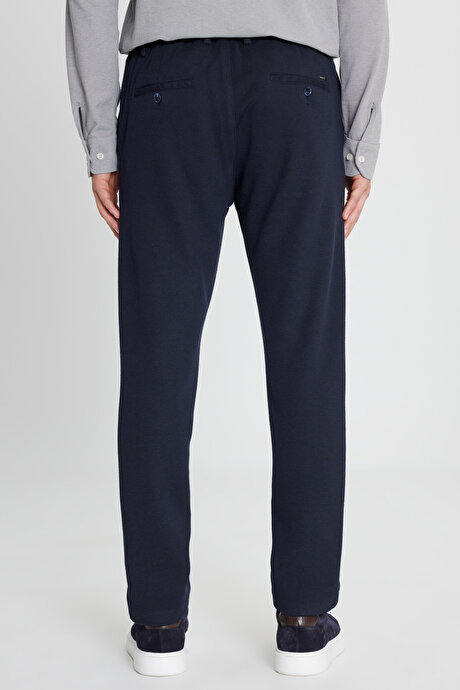 360 Her Yöne Esneyen Slim Fit Dar Kesim Beli Bağlamalı Armürlü Casual Lacivert Pantolon resmi