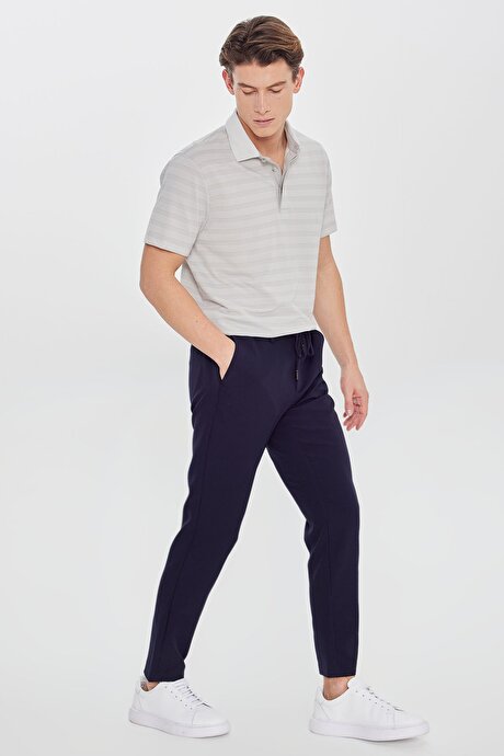 Slim Fit Dar Kesim Beli Bağlamalı Yan Cepli Casual Lacivert Pantolon resmi