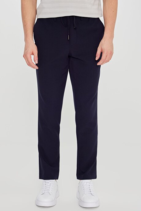 Slim Fit Dar Kesim Beli Bağlamalı Yan Cepli Casual Lacivert Pantolon resmi