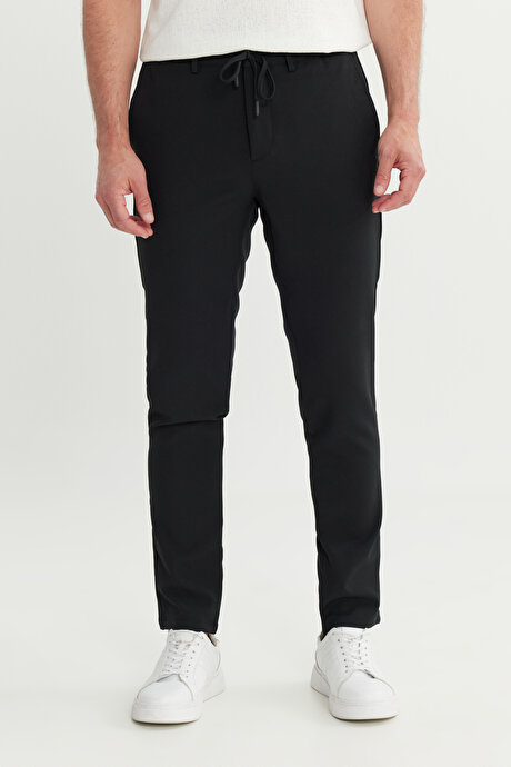 Slim Fit Dar Kesim Beli Bağlamalı Yan Cepli Casual Siyah Pantolon resmi