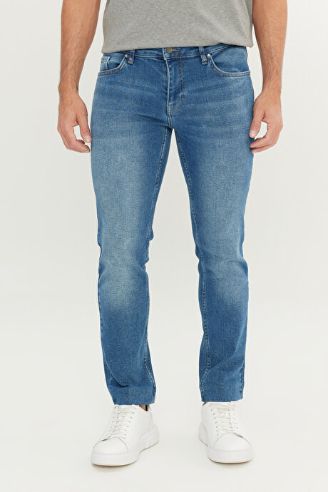 Pamuklu Slim Fit Dar Kesim 5 Cep Esnek Jean Denim Kot Açık Mavi Denim Pantolon resmi