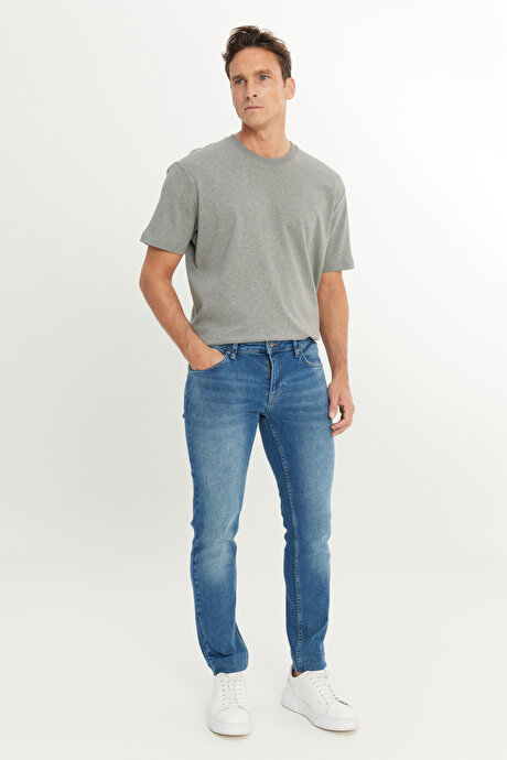 Pamuklu Slim Fit Dar Kesim 5 Cep Esnek Jean Denim Kot Açık Mavi Denim Pantolon resmi