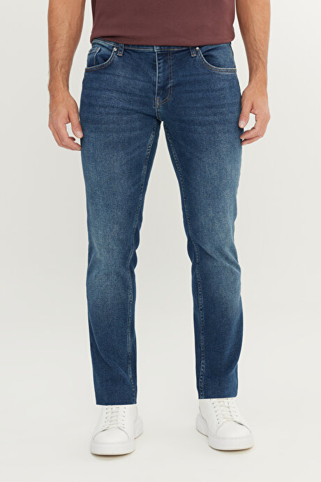 Pamuklu Slim Fit Dar Kesim 5 Cep Esnek Jean Denim Kot İndigo Denim Pantolon resmi