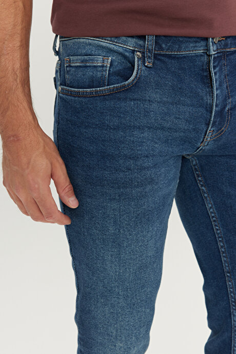 Pamuklu Slim Fit Dar Kesim 5 Cep Esnek Jean Denim Kot İndigo Denim Pantolon resmi